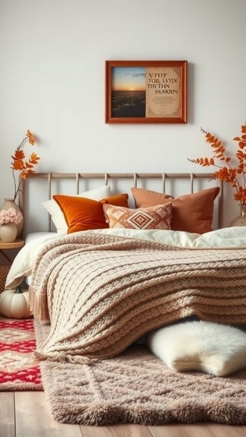 A cozy fall bedroom featuring a layered bed with a chunky knit blanket, warm colored pillows, and a plush rug.