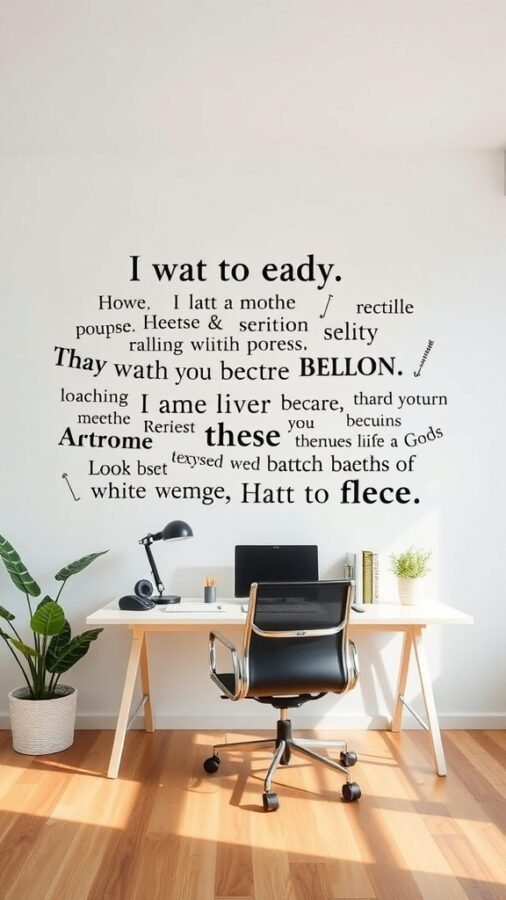 11 Inspiring Home Office Wall Decor Ideas to Boost Your Productivity 9 A home office with wall decals featuring playful text, a desk, and a chair.