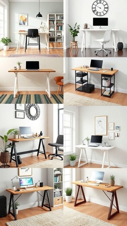 5 Essential Items for Your Standing Desk Home Office 4 A collage of stylish standing desks in various designs and colors for home office setups.