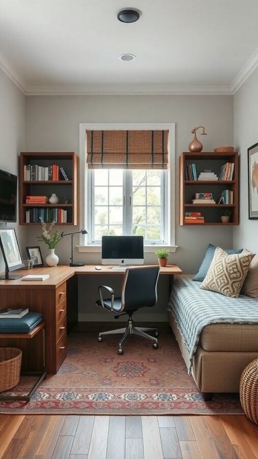 Cozy home office with a desk, computer, and a daybed for relaxation.