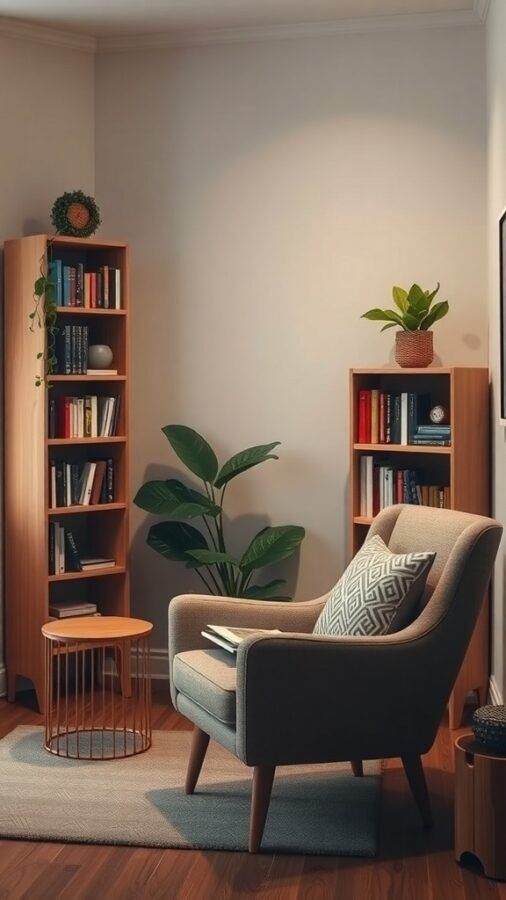 Cozy reading nook with an armchair, side table, bookshelves, and plants.