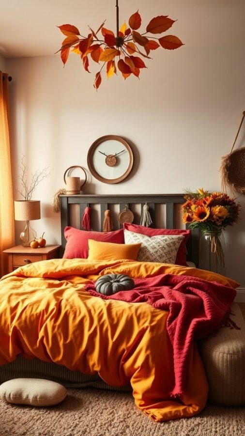 A cozy autumn-themed bedroom featuring warm colors like orange and red, with decorative pillows and a leaf chandelier.