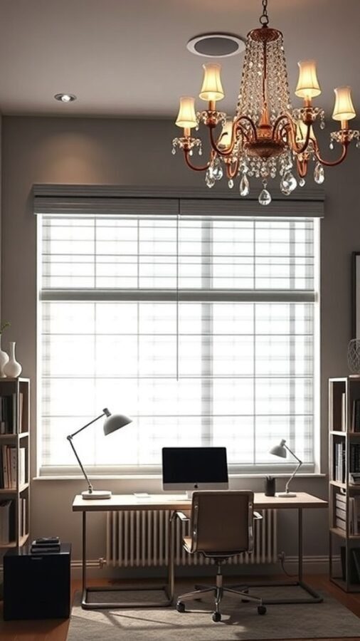 A chic home office featuring a chandelier and modern desk lamps, with natural light from a large window.