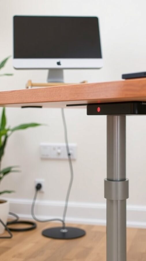 5 Essential Items for Your Standing Desk Home Office 1 A modern adjustable desk with a wooden top and a sleek metal base, featuring a computer monitor and a power outlet in the background.