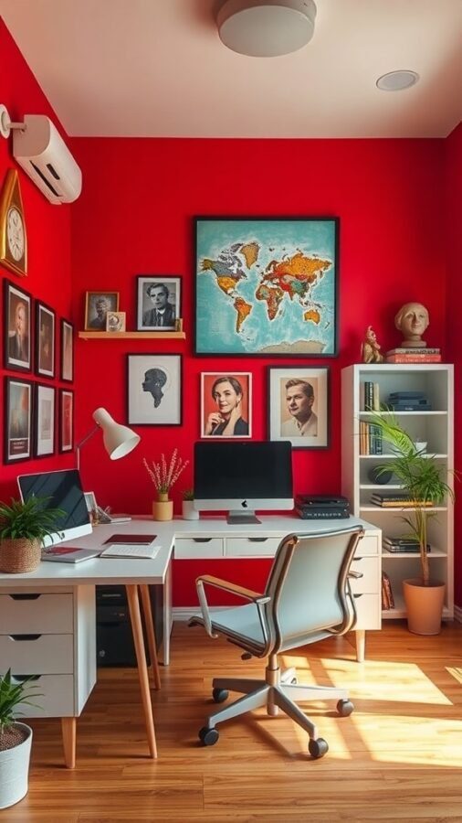 A home office with bold red walls, modern furniture, and decorative elements.