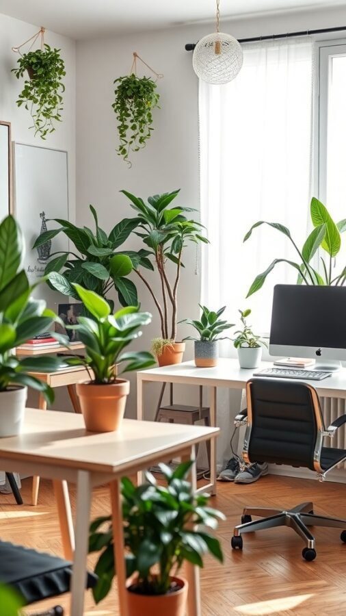 9 Must-Have Items for the Ultimate Home Office for Men 1 A bright home office with various plants, including hanging and potted greenery, creating a fresh and inviting workspace.