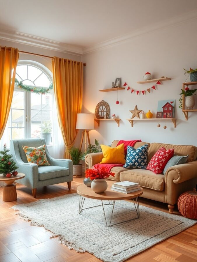 A cozy living room with colorful cushions, a small Christmas tree, and warm yellow curtains.