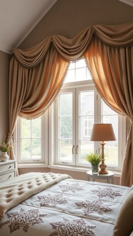 13 Essential Items for a Cozy Bedroom Retreat 8 A cozy bedroom with elegant drapes framing the windows, soft lighting, and flowers on a table.