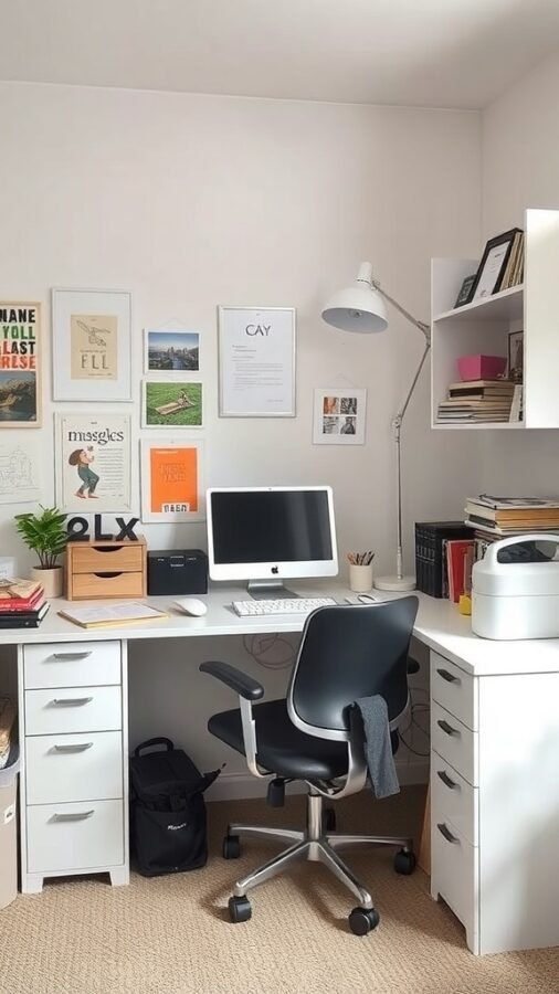 8 Essential Items for the Perfect Home Office Setup 2 A well-organized home office setup featuring a desk with a computer, lamp, and wall decorations.