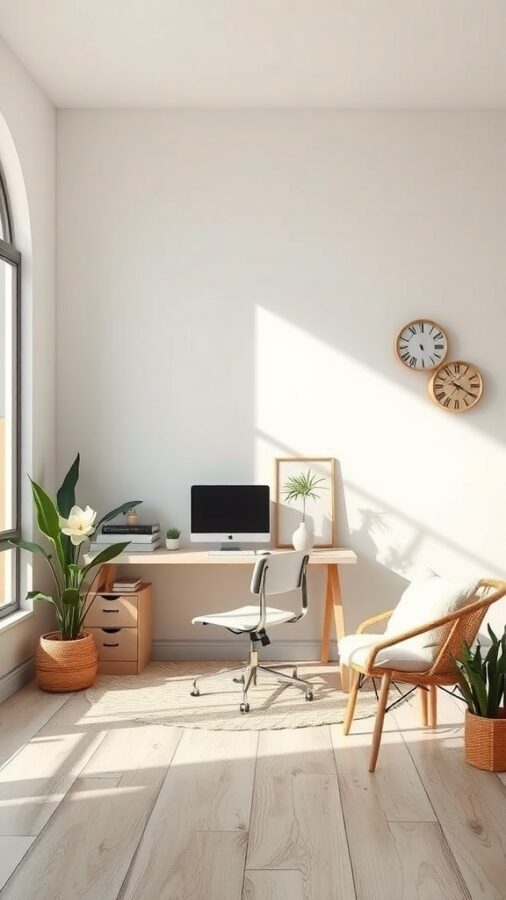 A bright and calming home office with natural light, plants, and minimalist furniture.