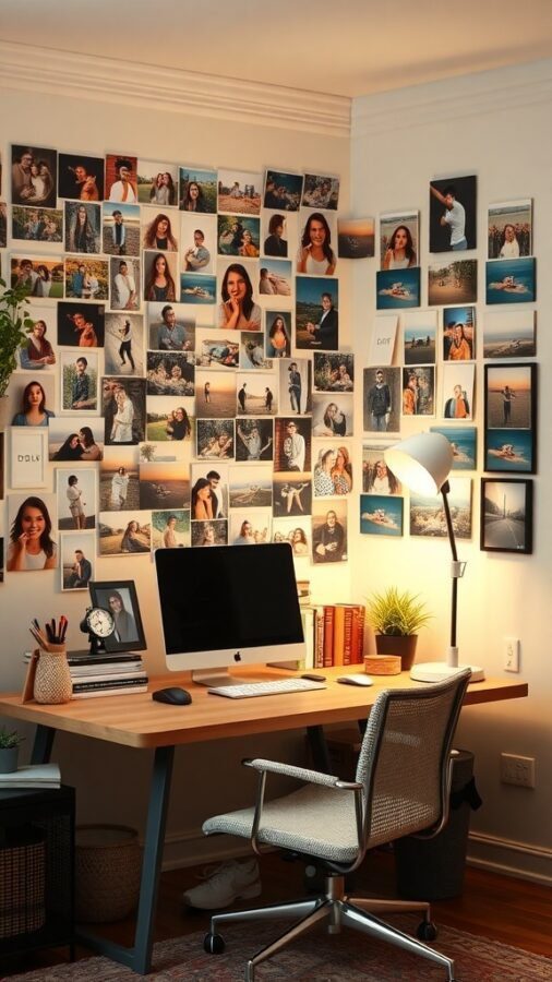 11 Inspiring Home Office Wall Decor Ideas to Boost Your Productivity 1 A home office wall decorated with a variety of personal photos, showcasing memories and moments.