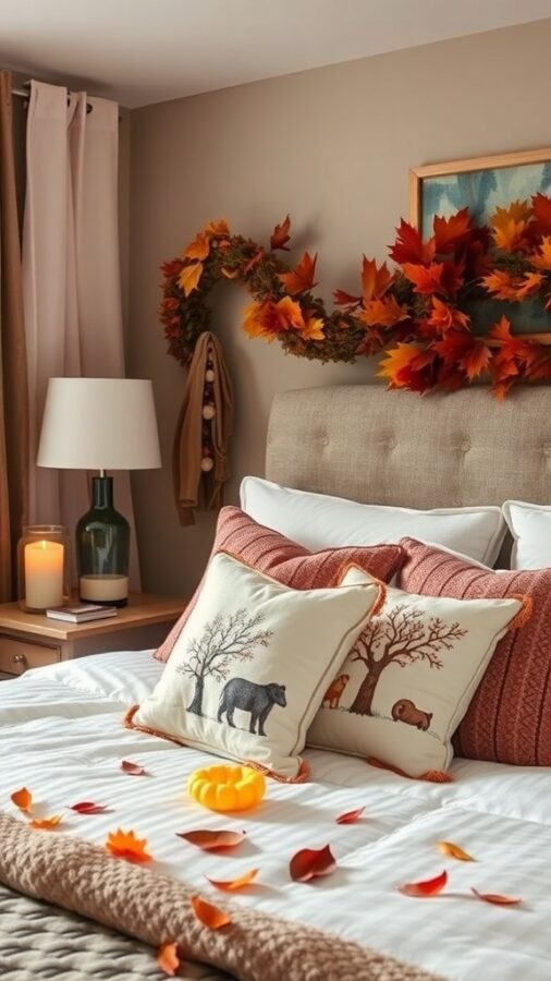13 Essential Items for a Cozy Bedroom Retreat 12 A cozy bedroom decorated for fall with a bed featuring seasonal pillows and a garland of leaves above.