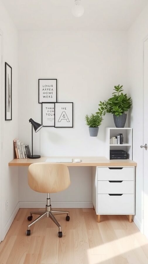 A small home office with a wooden desk, a chair, and decorative elements.