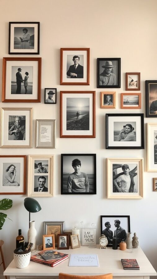 A wall display of black-and-white framed photographs in various styles, above a desk with decorative items.