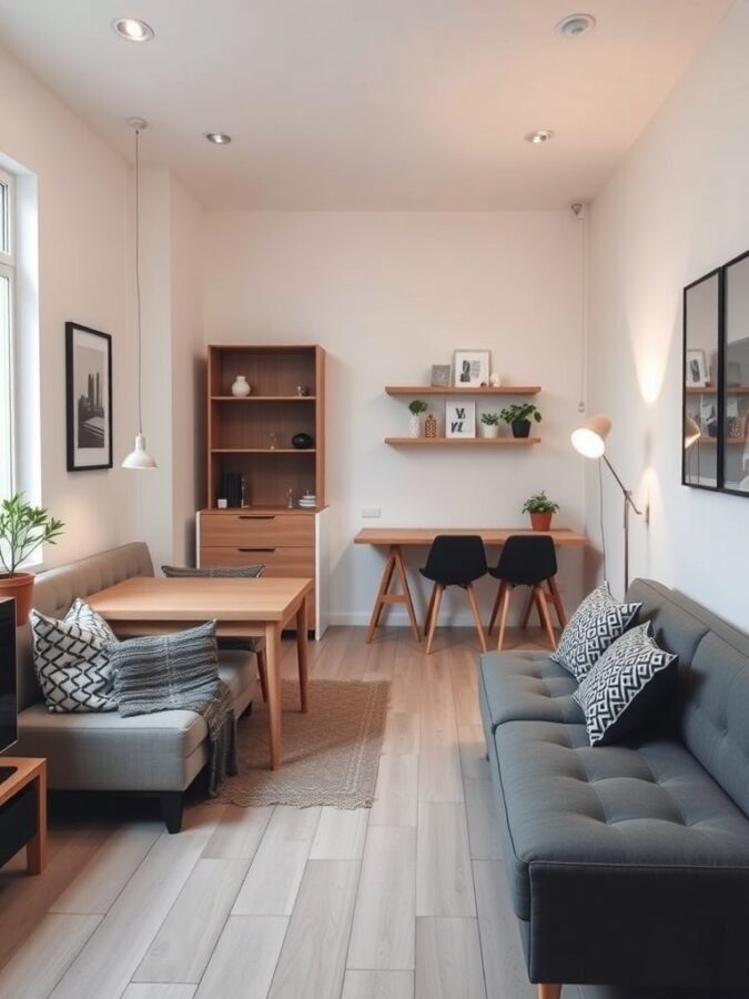 A cozy small living space featuring multifunctional furniture, including a sofa bed, a transformable coffee table, and decorative shelving.