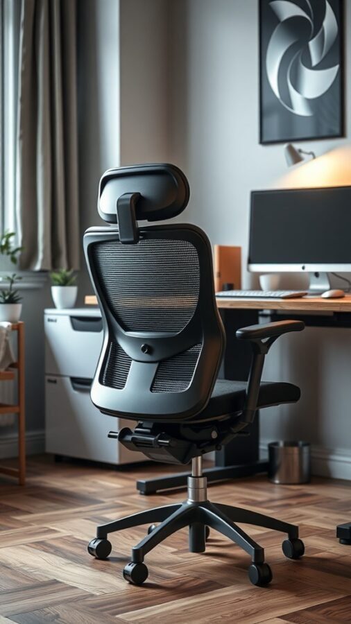 A modern ergonomic office chair in a home office setting, with a computer desk and decorative elements.