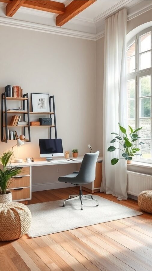 A bright and inviting home office with a desk, computer, plants, and natural light.