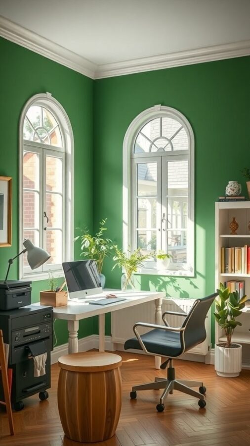 A bright green home office with large windows, a desk, and plants.