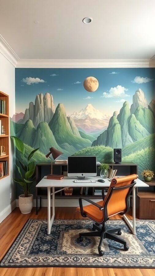 11 Inspiring Home Office Wall Decor Ideas to Boost Your Productivity 3 A home office with a mountain mural on the wall, featuring a desk, chair, and plants.