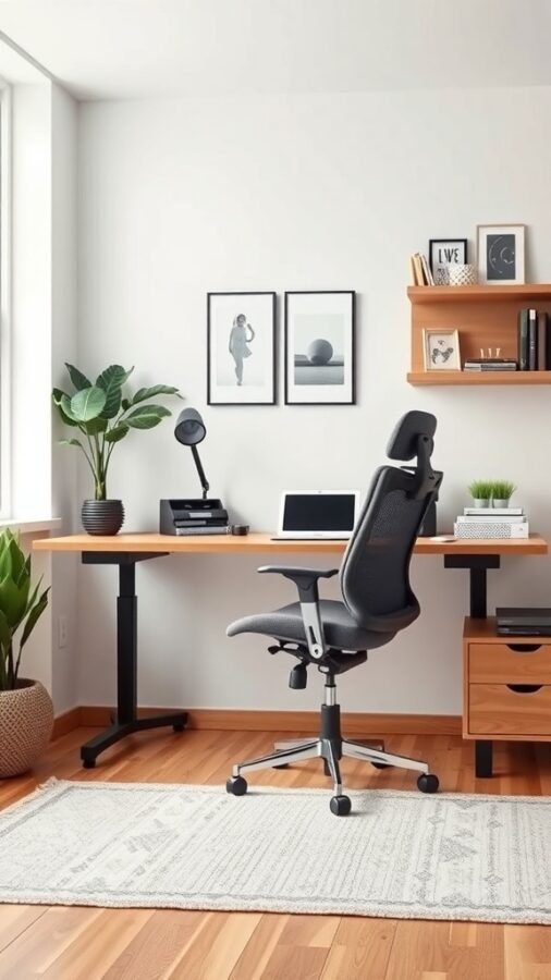 10 Stylish Elements for a Modern Home Office Upgrade 1 A modern home office featuring an ergonomic chair, a sleek desk, and decorative plants.