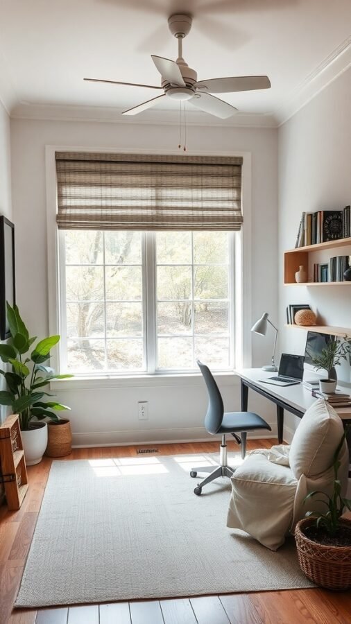 A cozy home office with a desk, computer, and a comfortable chair, featuring plants and natural light.