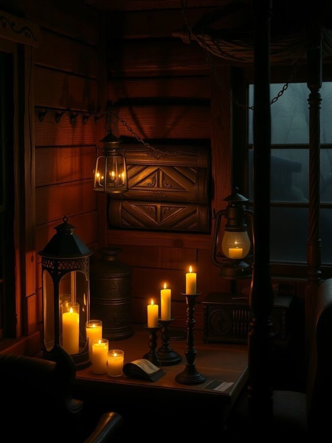 A cozy corner with antique lanterns and candles illuminating a wooden table.