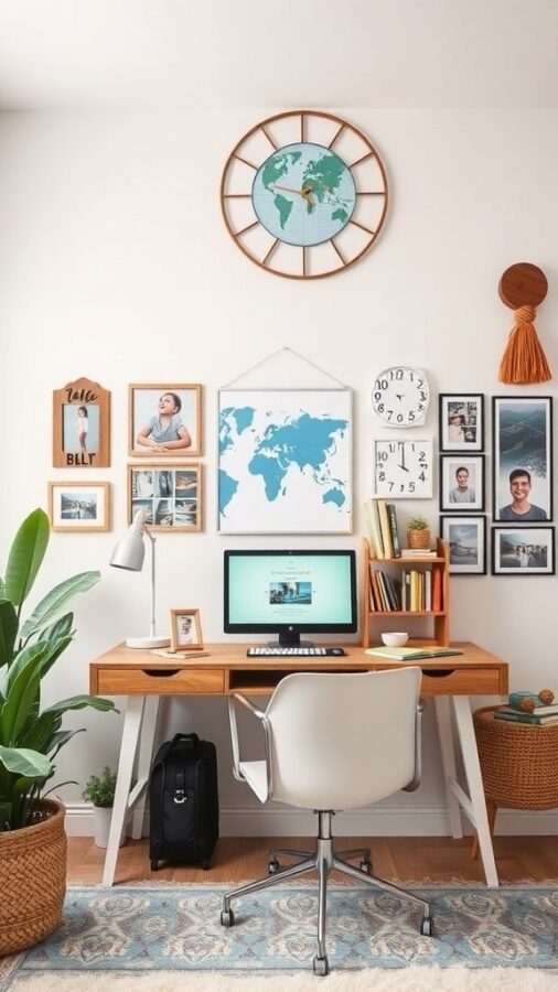 A stylish home office featuring a wooden desk, computer, wall decor with a world map and photos, and plants.