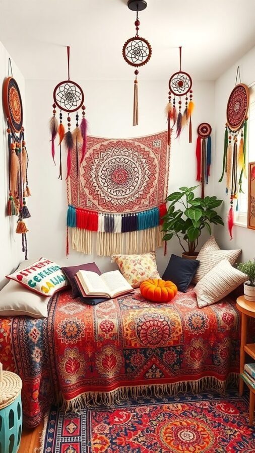 11 Essential Items for a Dreamy Girls' Bedroom Decor 7 A cozy bohemian-themed bedroom with colorful decor, dreamcatchers, and a vibrant tapestry.