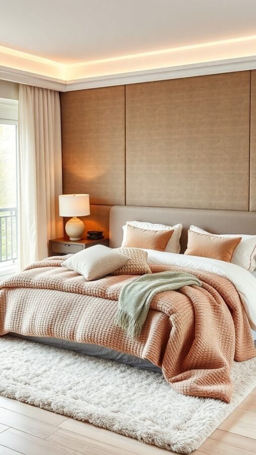 Cozy master bedroom with warm textures and fabrics