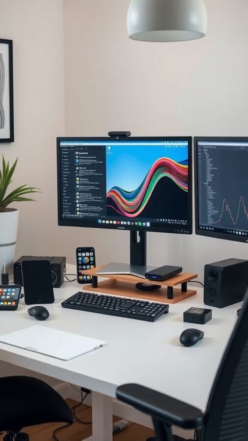 8 Essential Items for the Perfect Home Office Setup 1 A modern home office setup featuring dual monitors, a laptop, smartphone, and a plant.