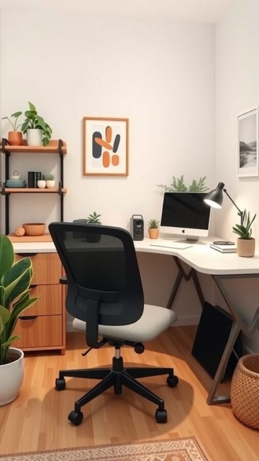 A small home office featuring an ergonomic chair, modern desk, shelves with plants, and a desk lamp.