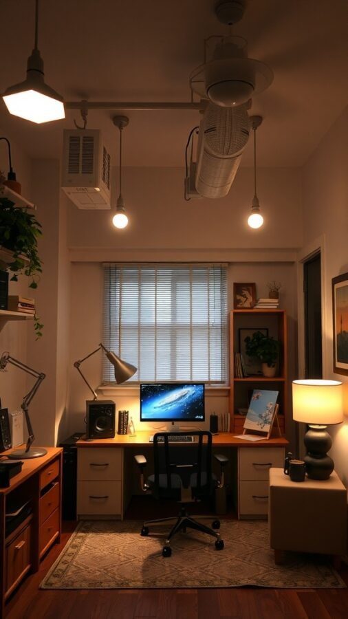 10 Must-Have Lighting Solutions for Your Home Office 6 A cozy home office with layered lighting, including overhead lights, a desk lamp, and a floor lamp.