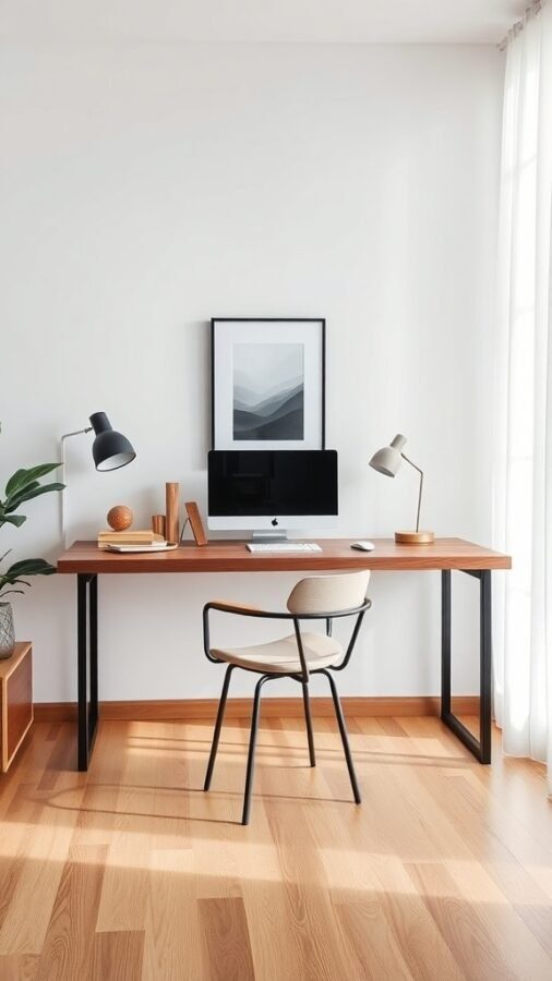 A modern home office with a floating desk, computer, and stylish chair.