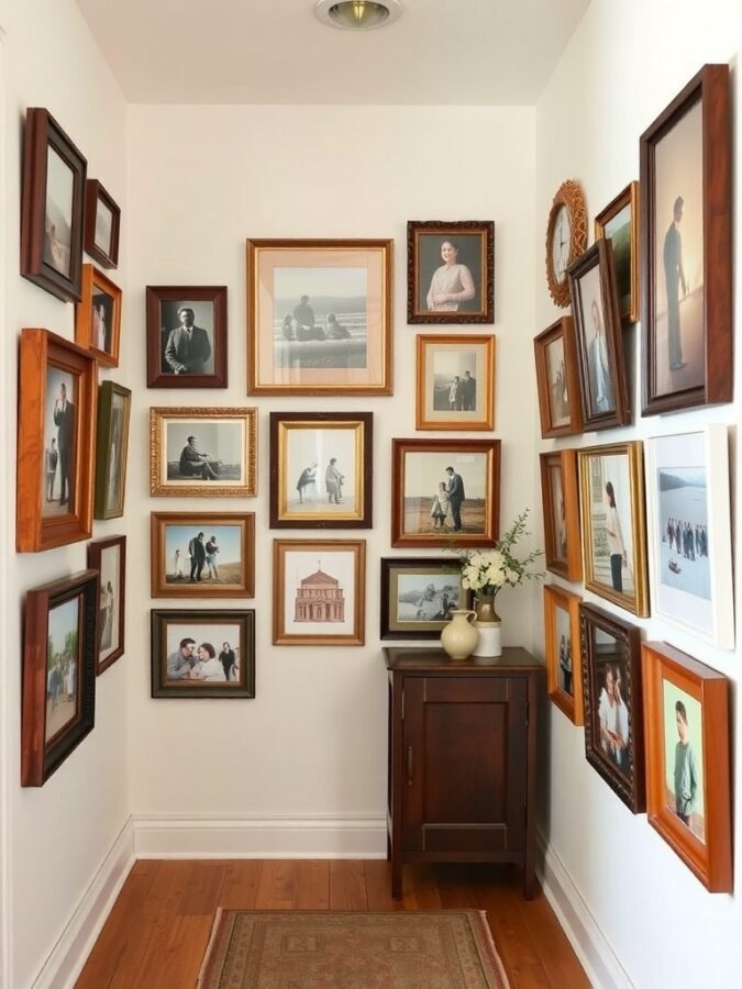 12 Charming Grandmacore Home Decor Items You Need to Try 2 A wall filled with old-fashioned picture frames displaying various photos.
