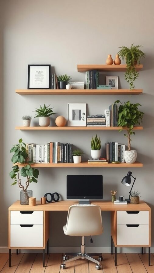 A modern home office with wooden shelving, plants, and a desk setup.