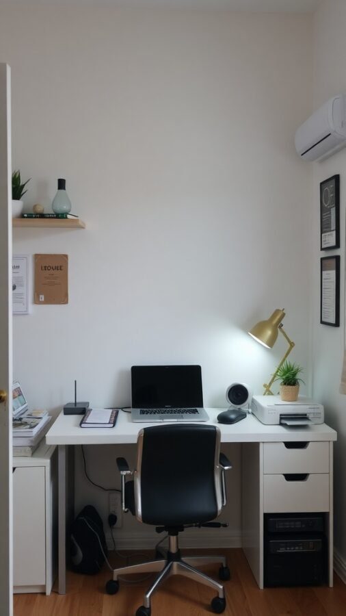 A small home office setup featuring a desk with a laptop, lamp, and storage drawers.