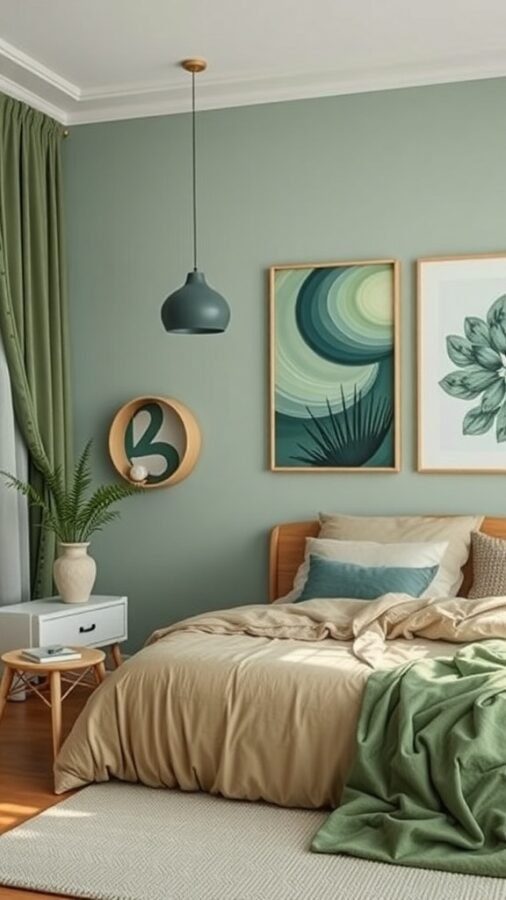 13 Stunning Sage Green Bedroom Ideas for a Serene Retreat 3 A sage green bedroom featuring layered shades of green in the decor, with a cozy bed, artwork, and modern lighting.