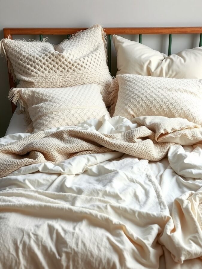 A cozy master bedroom with layered textiles, featuring soft pillows and a warm throw blanket.