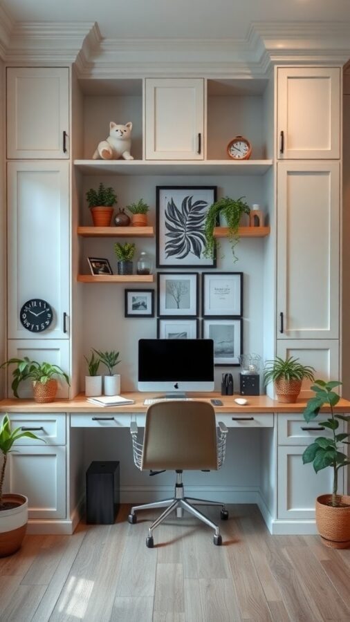 A cozy home office with a built-in desk, featuring plants, artwork, and a computer.