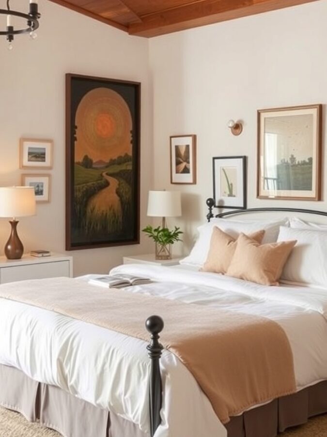 Cozy master bedroom with personalized artwork and decor