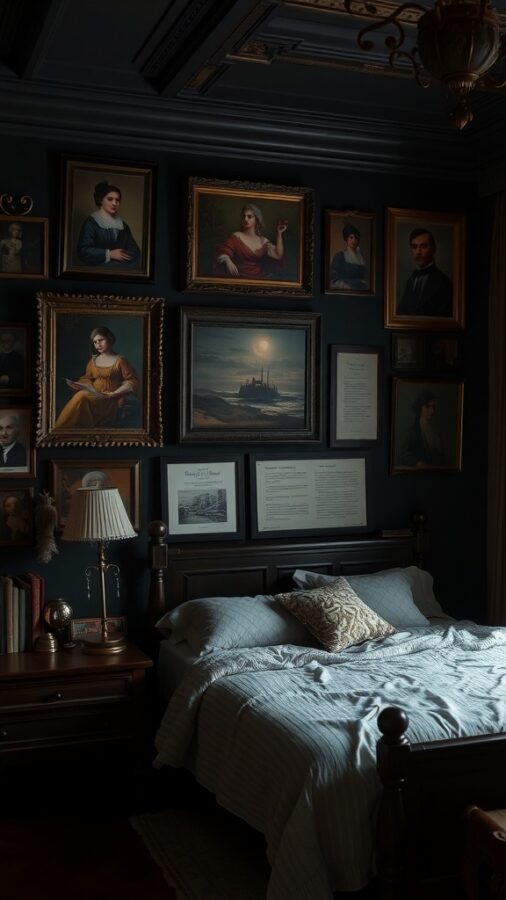 A dark academia bedroom with eclectic wall art featuring vintage portraits and framed text pieces.