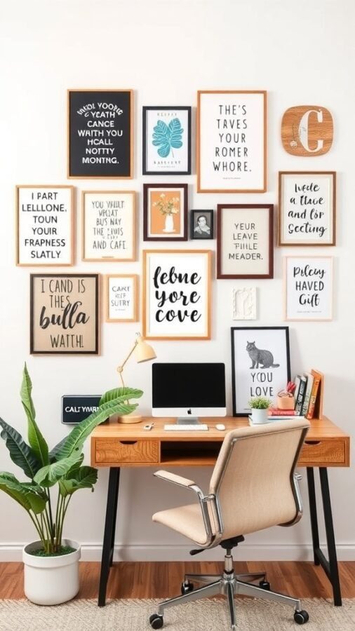 A home office with a wooden desk, a computer, and a wall decorated with various framed art pieces and quotes.