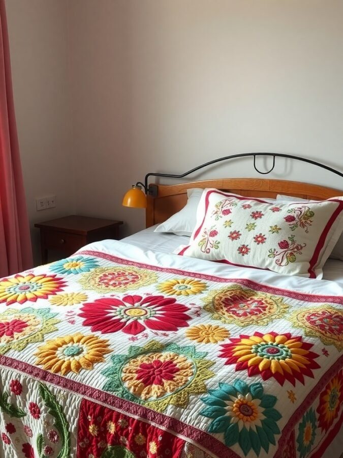 12 Charming Grandmacore Home Decor Items You Need to Try 8 A colorful quilted bedspread with floral patterns on a bed, featuring a matching pillow.