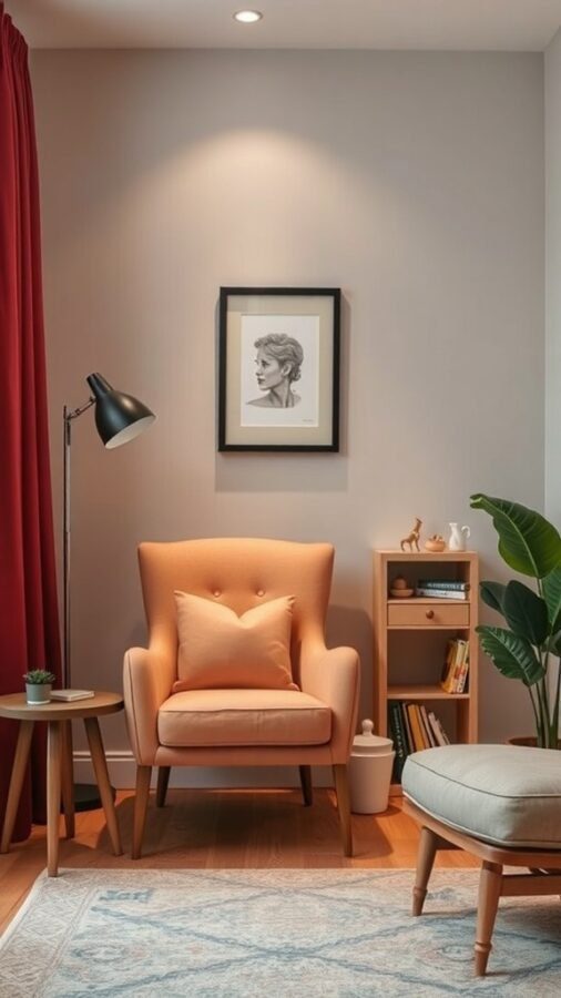 11 Cozy Home Decor Must-Haves for a Warm and Inviting Space 3 A cozy corner with a peach armchair, small wooden table, floor lamp, and a plant.
