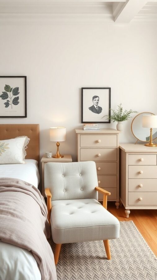 13 Essential Items for a Cozy Bedroom Retreat 6 A cozy bedroom featuring a bed with soft linens, a stylish chair, and functional dressers, creating a warm and inviting space.