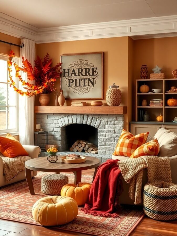Cozy living room decorated for fall with warm colors and pumpkins.
