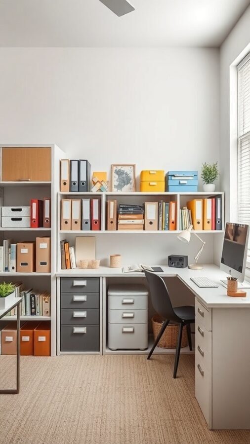 A bright home office with organized shelves, colorful storage boxes, and a clean desk area.