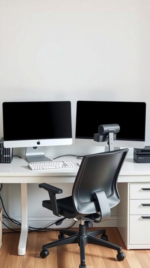 A modern home office setup featuring two monitors on a sleek desk with a black ergonomic chair.