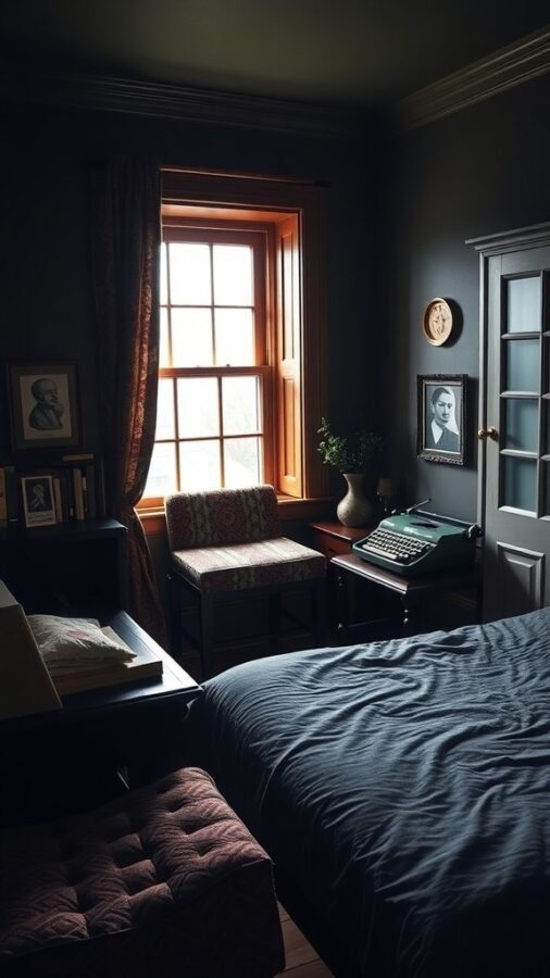 A dark academia bedroom featuring a cozy study nook with a vintage typewriter, a plush bench, and a warm lamp.