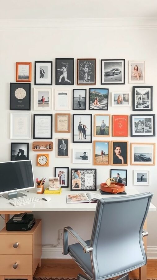 A home office with a gallery wall featuring various framed photos and art pieces.